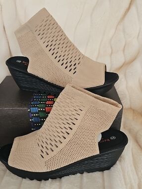 bernie mev. Tan Knit Peep-Toe Wedge Sandals